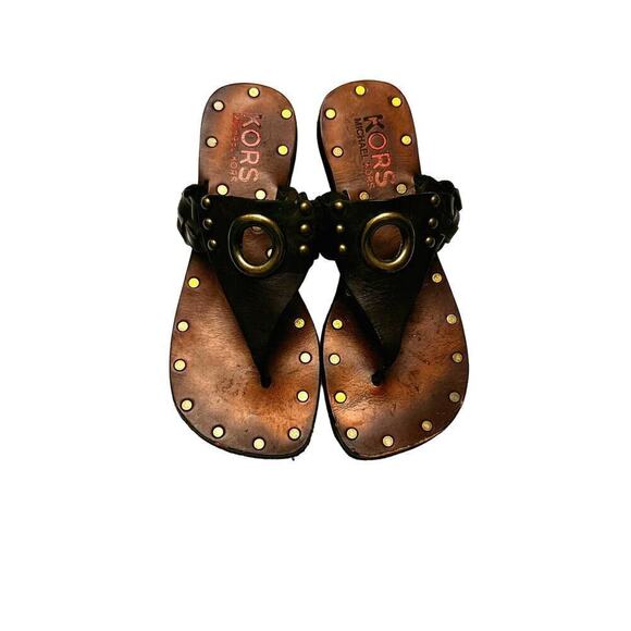 Kors Michael Kors Leather Thong Sandal Brass Accents Size 5 - Picture 1 of 5
